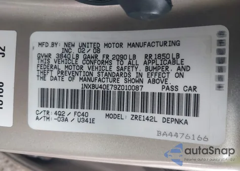 2009 Toyota Corolla Xle from USA, damaged, VIN 1NXBU40E79Z010087
